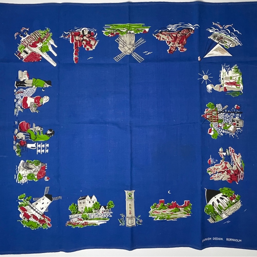Whimsical Vintage Printed Linen Danish Tablecloth
